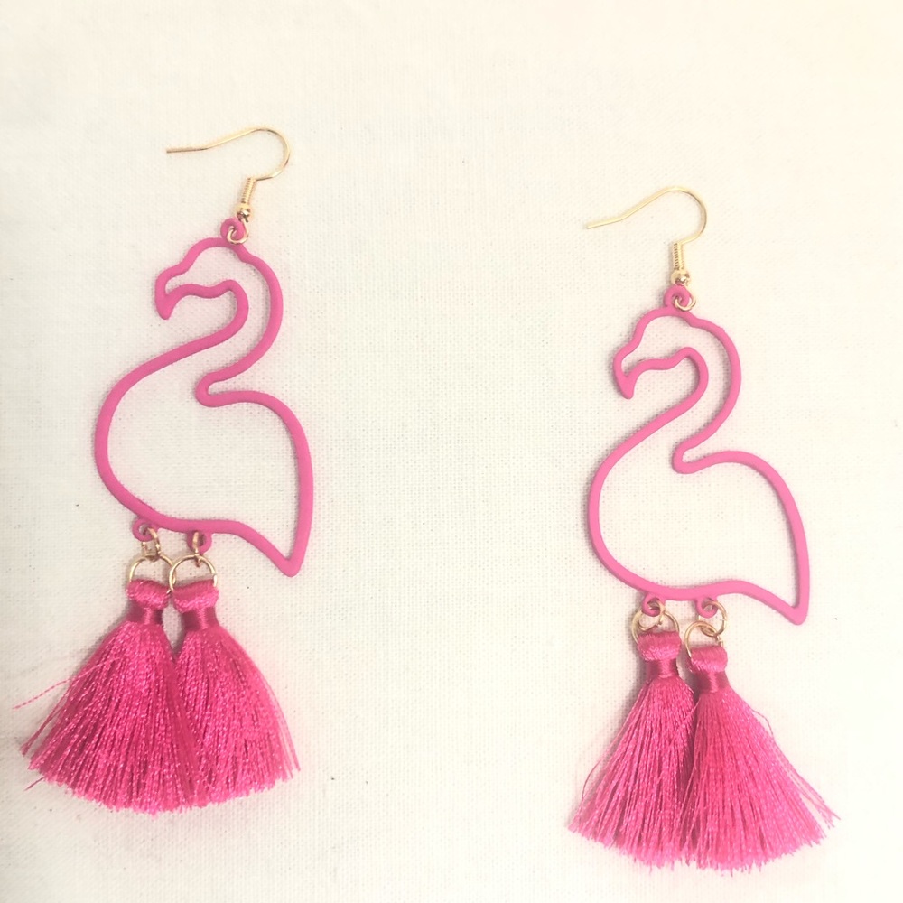 Flamingo Tassel Earrings Neon Pink Bird